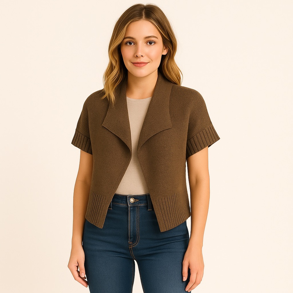 Vince. designer knit sweater cardigan open front neutral brown short sleeves XS